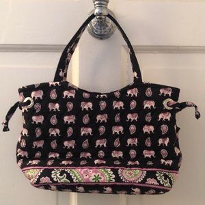 Small Vera Bradley Hang Bag, Purse, Tote, Black and White with Elephant Design